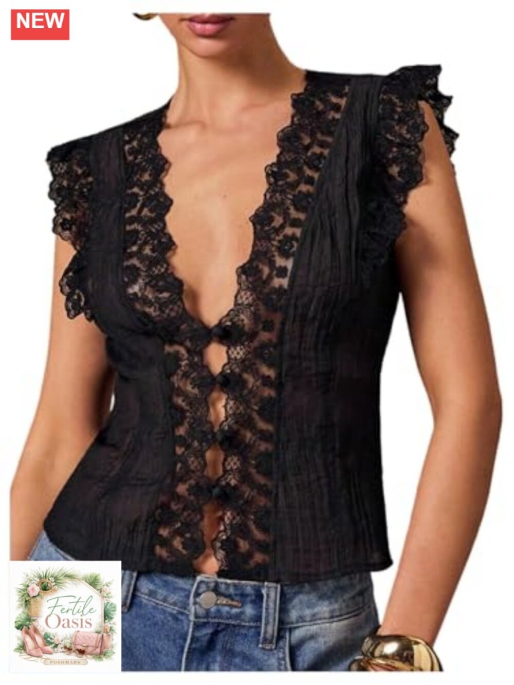 Women's Lace Vest Sleeveless Deep V Neck Blouse